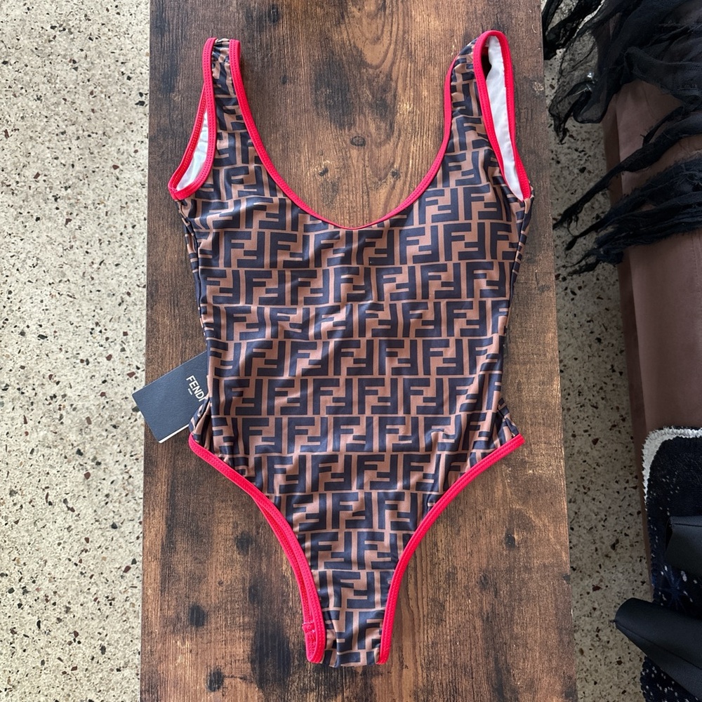 Fendi Brown and Red Patterned One-Piece Swimsuit